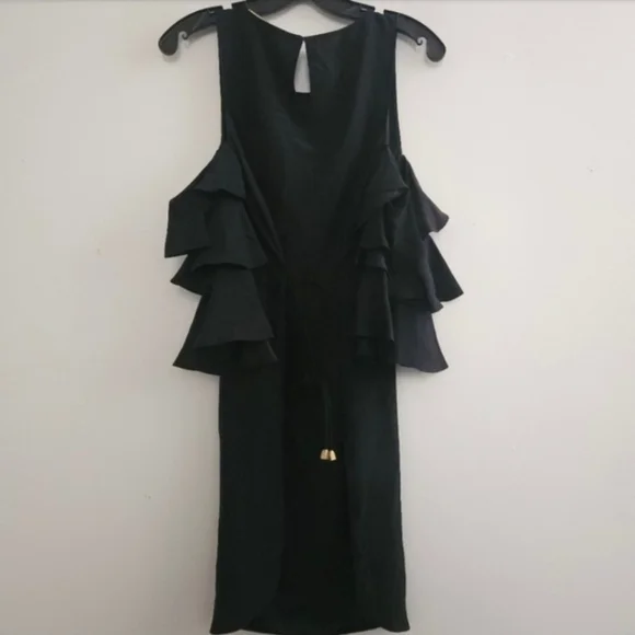 REVOLVE AMANDA UPRICHARD BLACK SILK COLD SHOULDER RUFFLE SLEEVE BELTED DRESS - Picture 4 of 12
